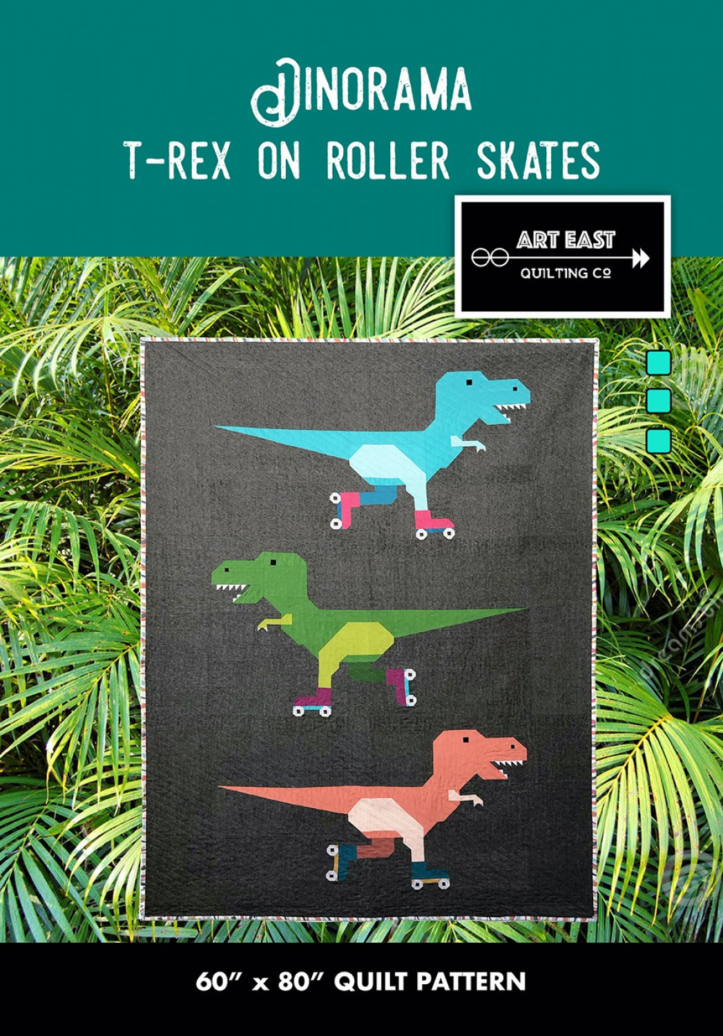 T-Rex-on-Roller-Skates-quilt-sewing-pattern-Art-East-Quilting-Co-front