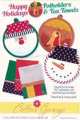 JINGLE BELL SPECIAL (limited time) Happy Holidays Potholders & Tea Towels sewing pattern from Cotton Ginnys
