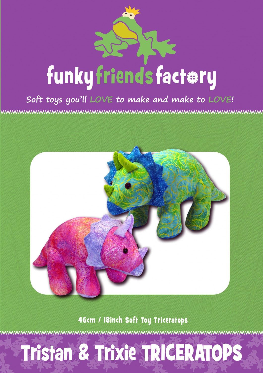 Trixie-and-Tristan-Triceratops-soft-toy-sewing-pattern-Funky-Friends-Factory-front