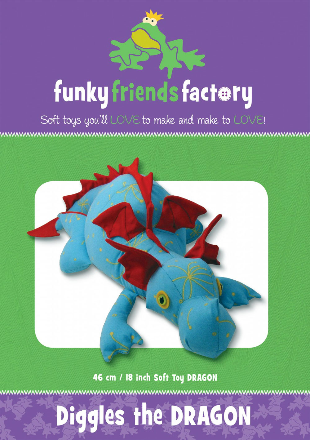 Diggles-the-Dragon-soft-toy-sewing-pattern-Funky-Friends-Factory-front